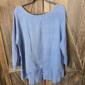 Terzo Millennio Shirt Womens Size Medium Blue 100% Linen Buttons Roll Up Sleeves